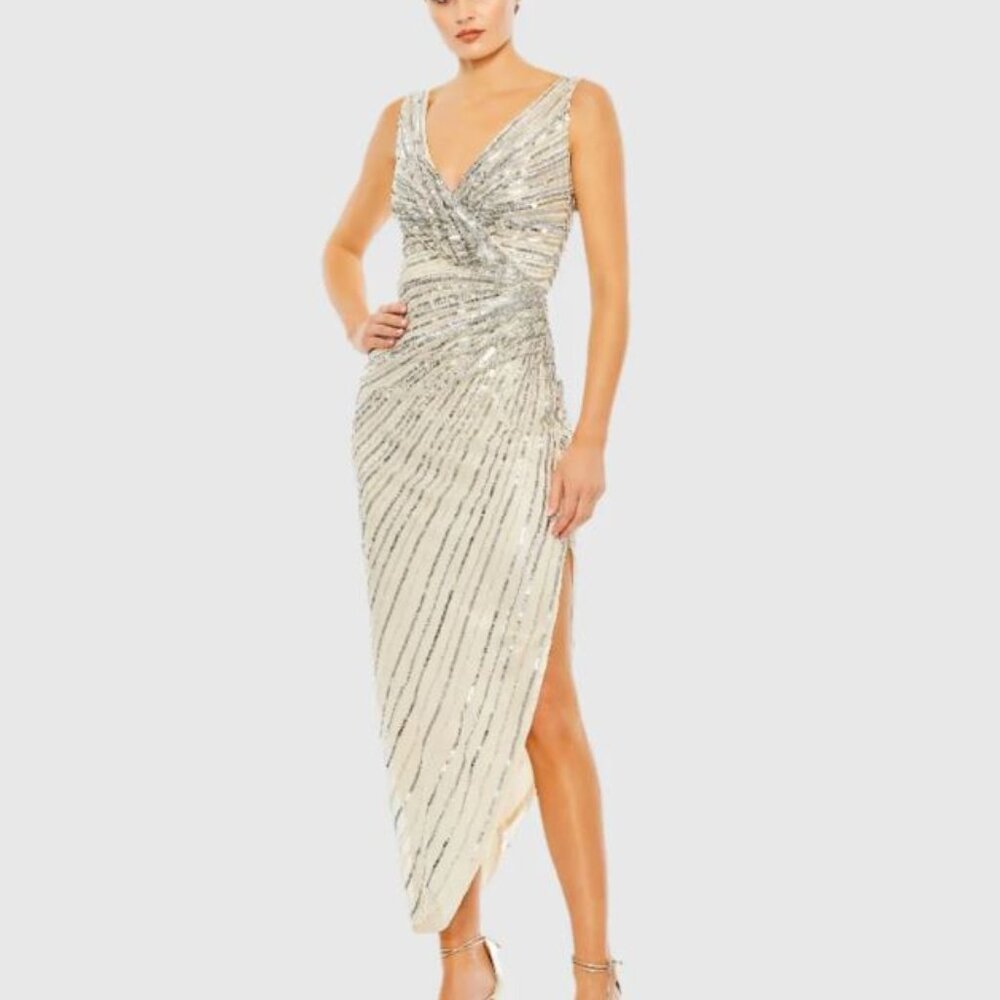 ✨ Mac Duggal Sequined Faux Wrap Midi Dress – Size 6, Nude Silver, NWT ✨